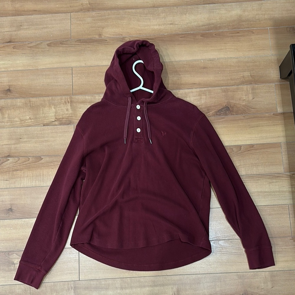 American Eagle Outfitters Red Hooded Buttoned Sweatshirt